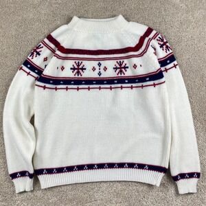 Vintage JCPenney Men White Nordic Snowflake Fair Isle Mock Neck Sweater Small
